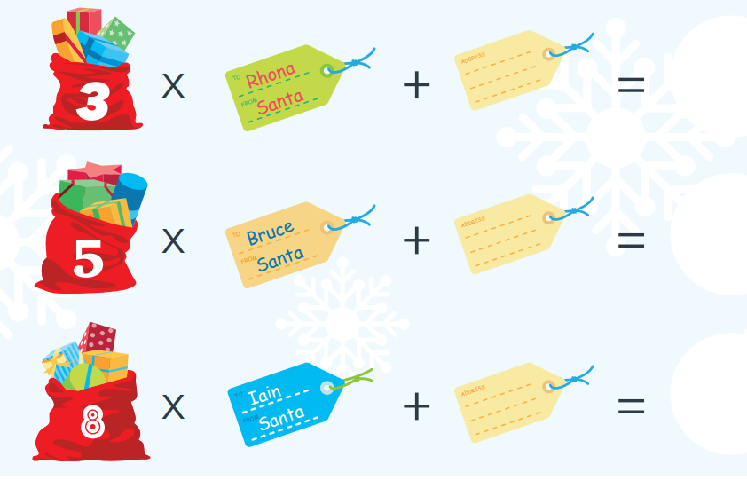 Image of a Christmas maths puzzle involving times tables and additions.