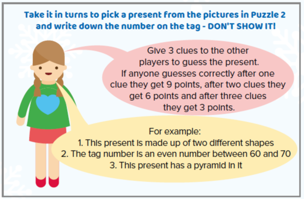 Image of an illustration of a child, with speech bubbles explaining a Christmas puzzle.