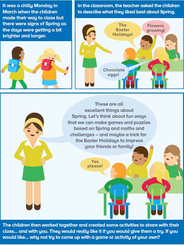 Image of a multiple illustrations of pupils and teachers in a classroom with a story in the text.