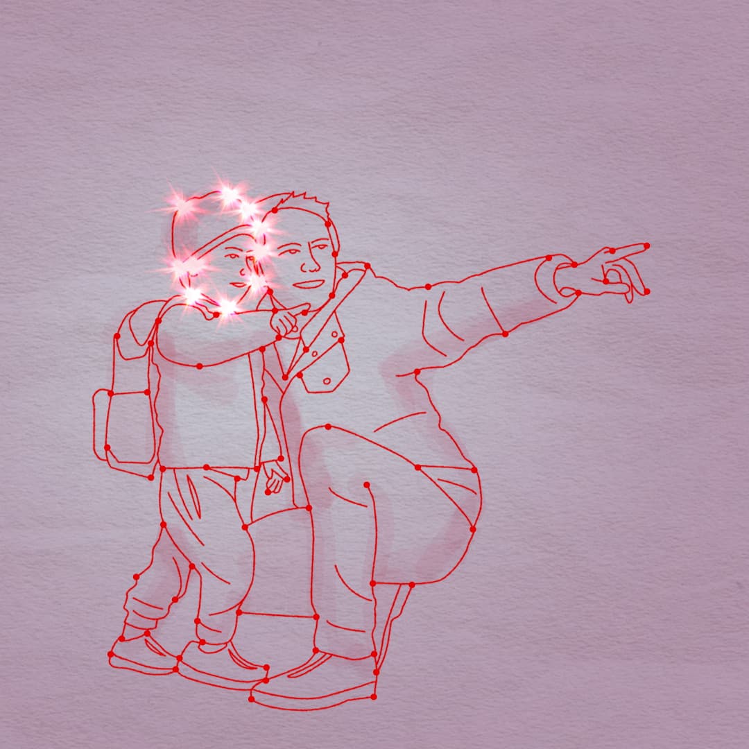 Illustration of a father and son: the father is pointing at something and the child's face is lit up