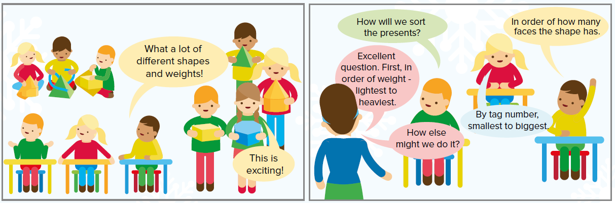 Comic strip: the children discuss now to sort their wrapped Secret Santa presents